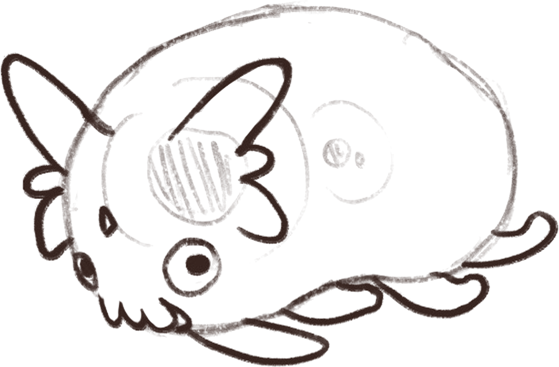Line sketch of a round, many-legged microbe creature from Gut Feelings